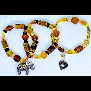 Set of 3 Women’s Yellow, Gold & Brown Glass and Stone Beaded Bracelets w Charms